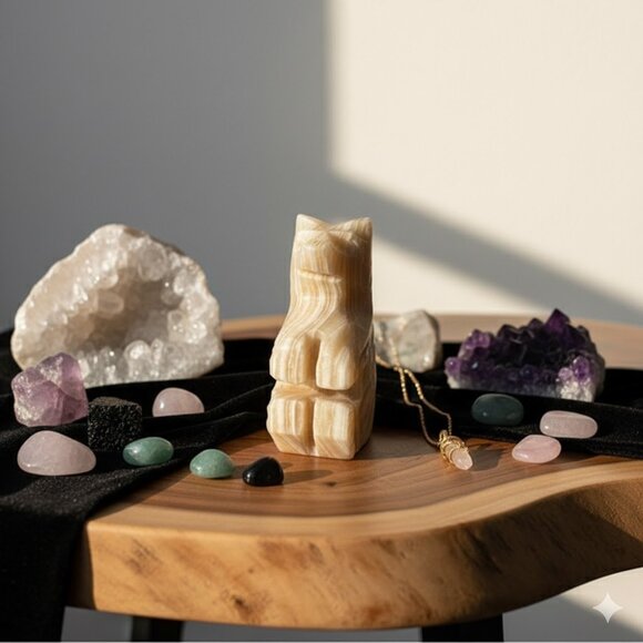 Bear Figurine-Natural Stone Banded Calcite Onyx Layered Gemstones Rocks Crystals - Picture 1 of 8